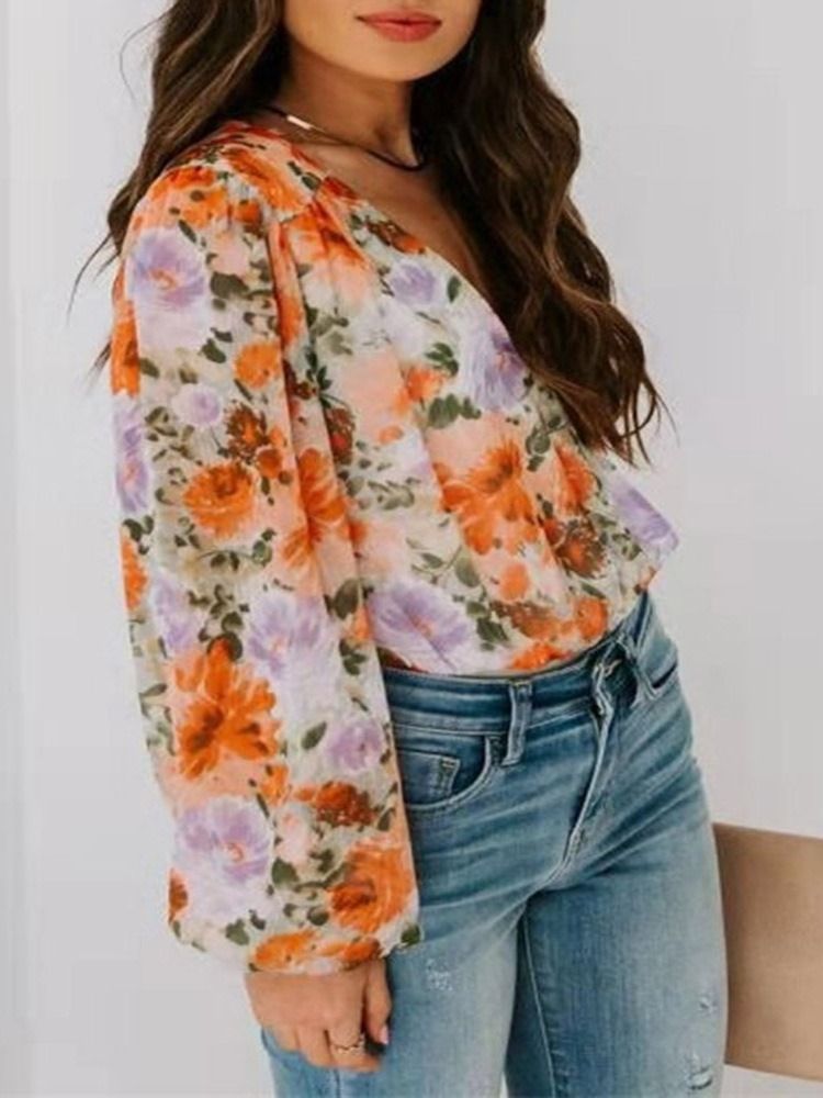 Blusa Feminina Padrão Com Decote Em V Estampado Floral Manga Longa