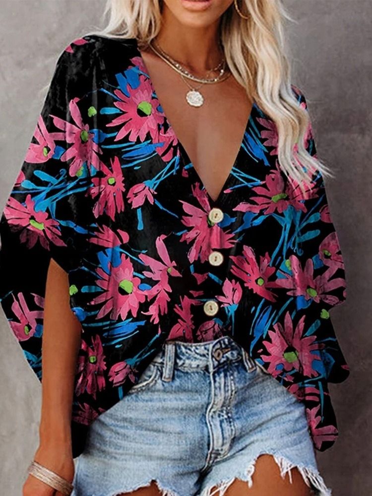 Blusa Feminina Padrão Floral Estampa Regular Com Meia Manga