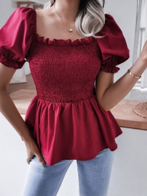 Blusa Feminina Padrão Plissada Quadrada Decote Liso Manga Curta