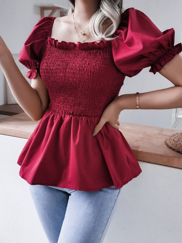 Blusa Feminina Padrão Plissada Quadrada Decote Liso Manga Curta