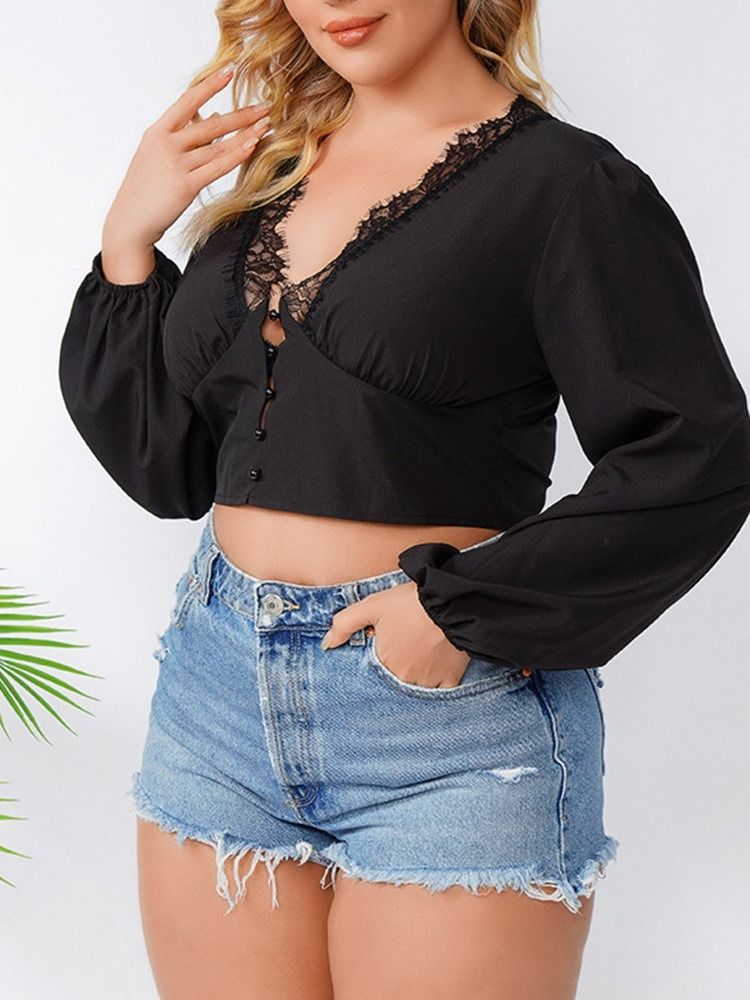 Blusa Lisa Feminina De Renda Curta Com Decote Em V Manga Longa