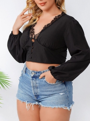 Blusa Lisa Feminina De Renda Curta Com Decote Em V Manga Longa