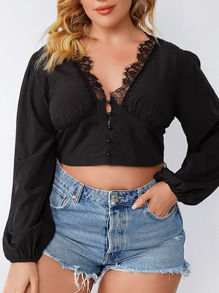 Blusa Lisa Feminina De Renda Curta Com Decote Em V Manga Longa