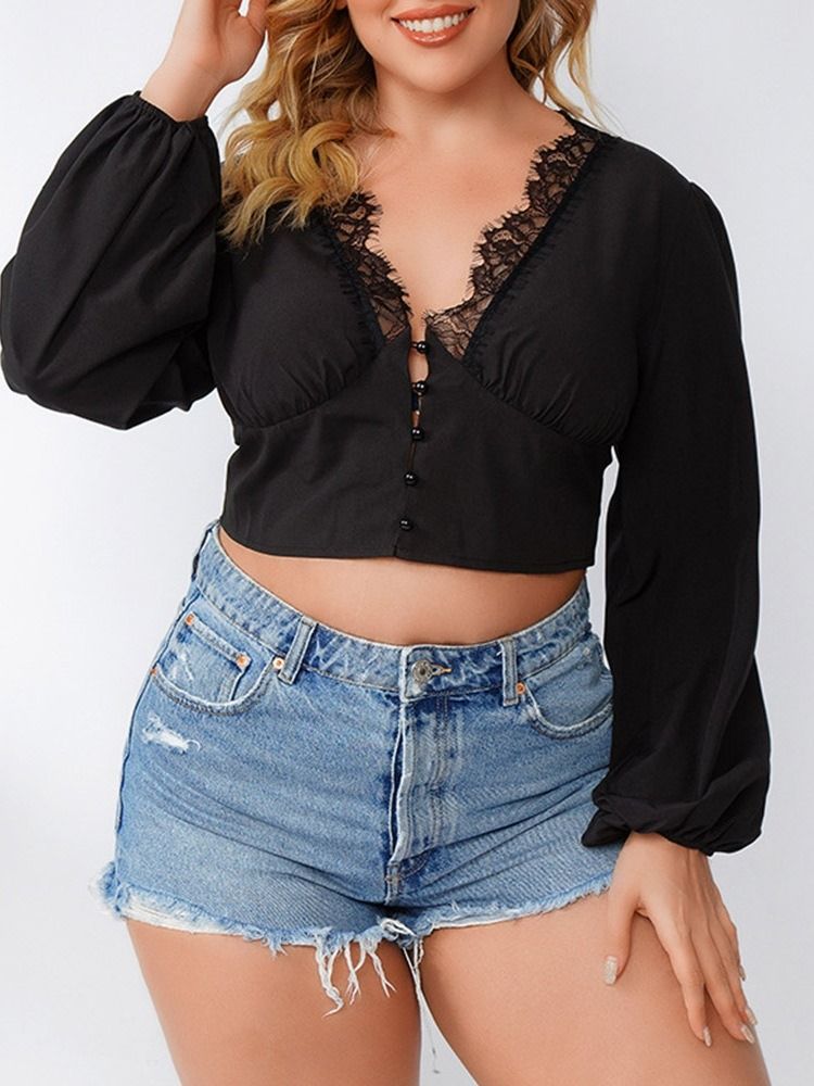 Blusa Lisa Feminina De Renda Curta Com Decote Em V Manga Longa