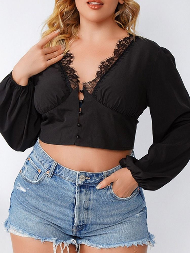 Blusa Lisa Feminina De Renda Curta Com Decote Em V Manga Longa