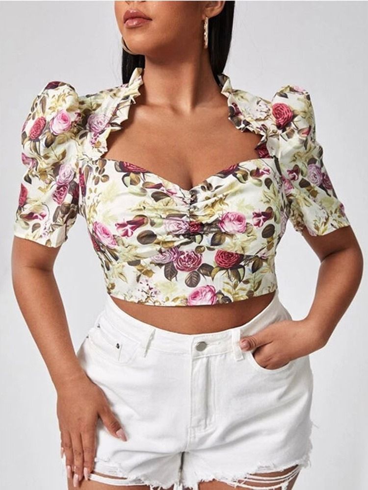 Blusa De Manga Curta Feminina Plissada Floral Decote Quadrado Curto