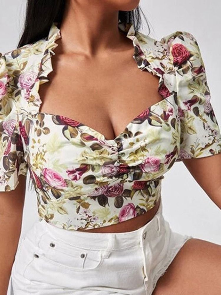 Blusa De Manga Curta Feminina Plissada Floral Decote Quadrado Curto