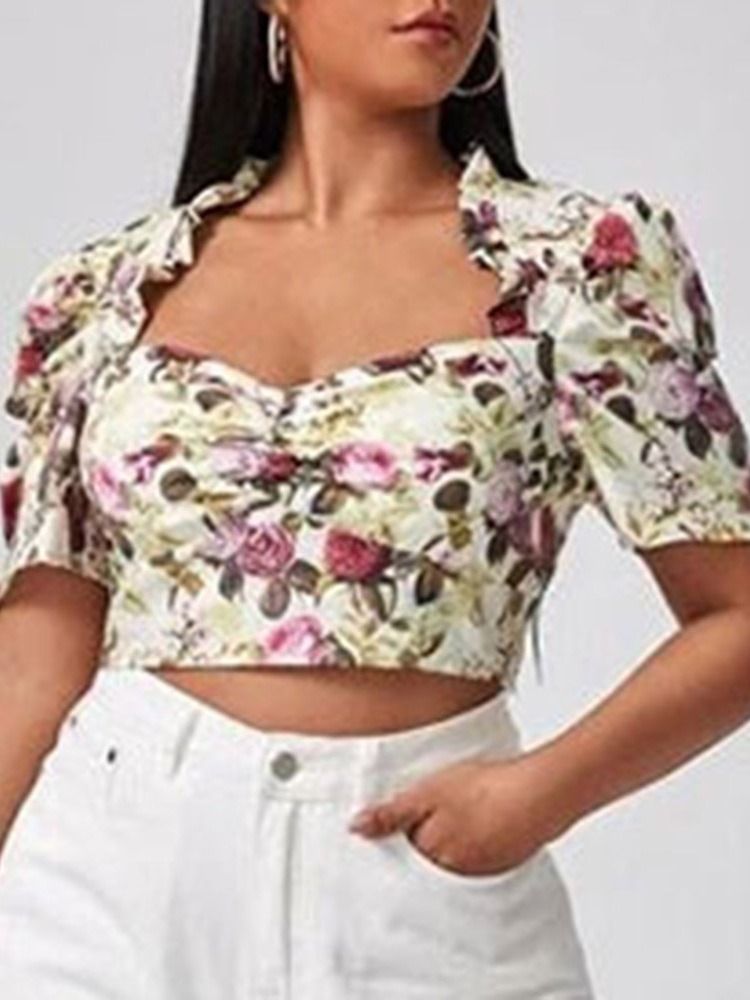 Blusa De Manga Curta Feminina Plissada Floral Decote Quadrado Curto