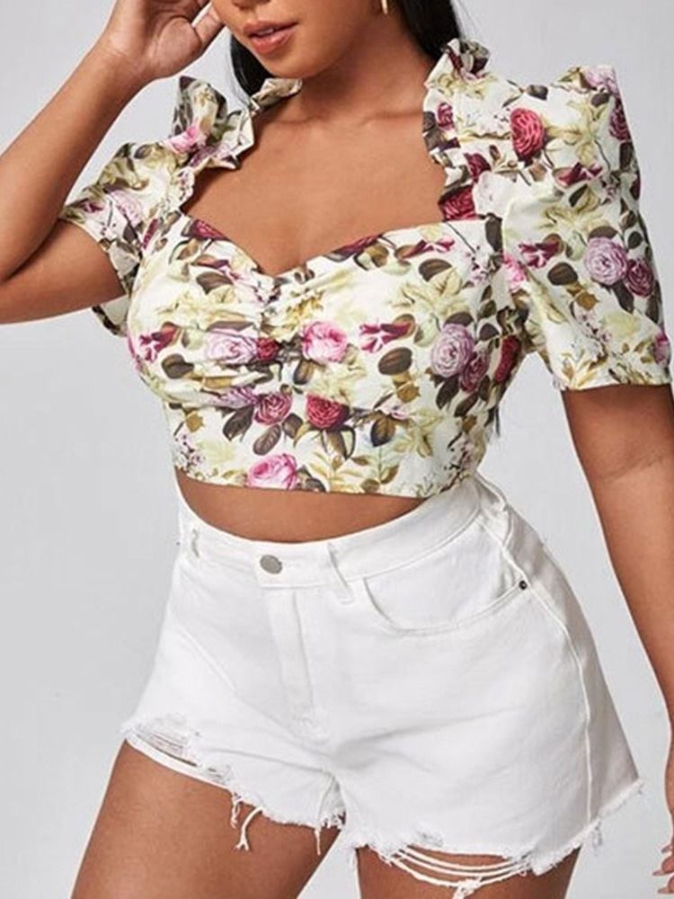 Blusa De Manga Curta Feminina Plissada Floral Decote Quadrado Curto