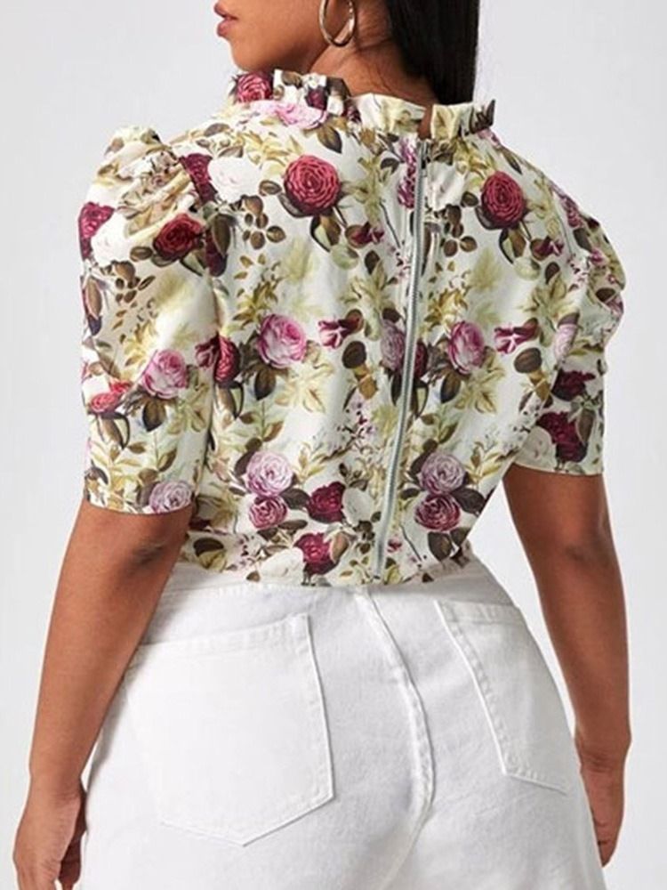 Blusa De Manga Curta Feminina Plissada Floral Decote Quadrado Curto