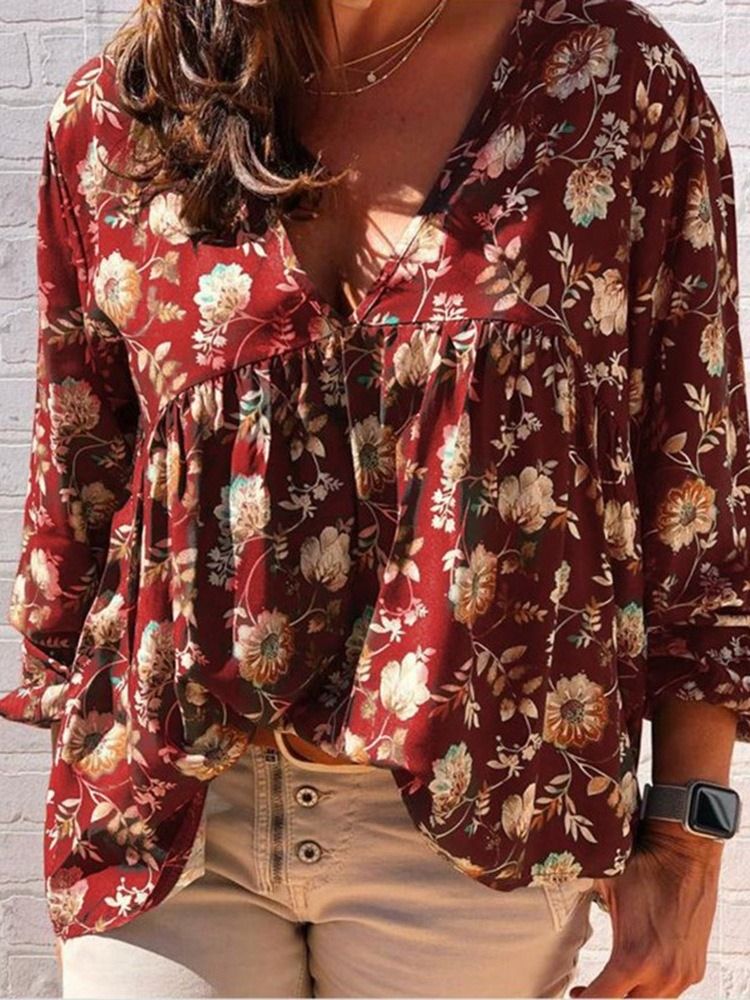 Estampa Blusa Feminina Floral Com Decote Em V Padrão De Manga Longa