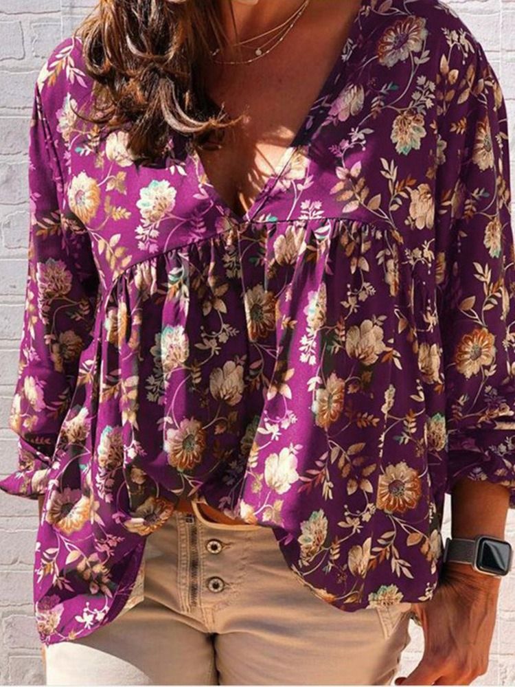 Estampa Blusa Feminina Floral Com Decote Em V Padrão De Manga Longa