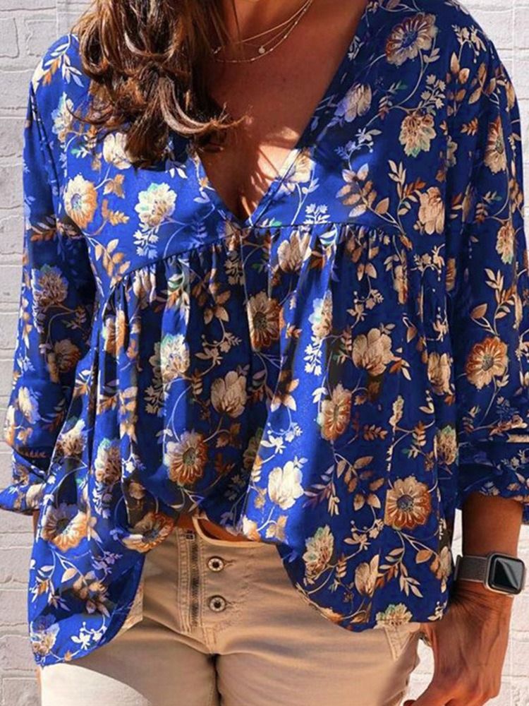 Estampa Blusa Feminina Floral Com Decote Em V Padrão De Manga Longa