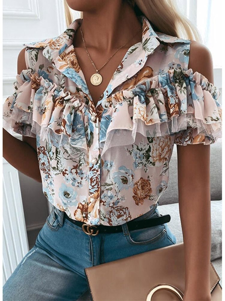 Estampa Floral Lapela Manga Curta Blusa Feminina Padrão