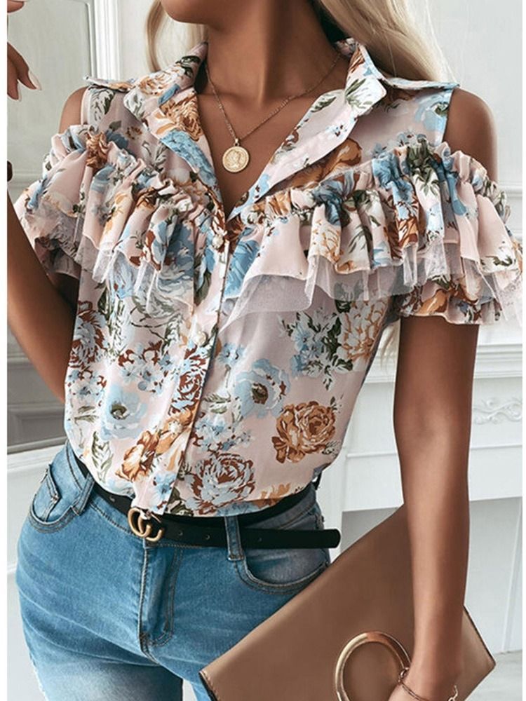 Estampa Floral Lapela Manga Curta Blusa Feminina Padrão