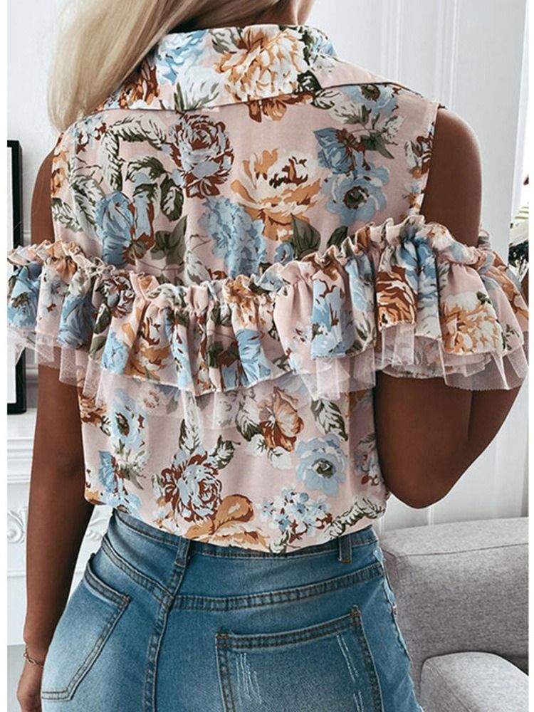 Estampa Floral Lapela Manga Curta Blusa Feminina Padrão