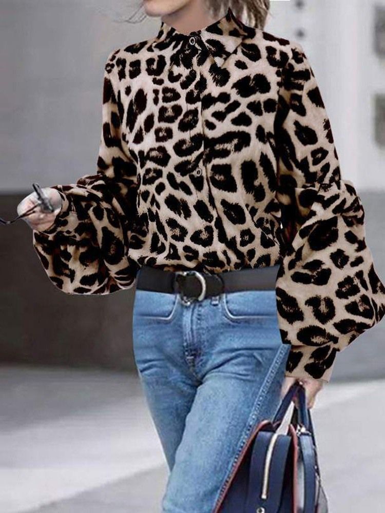 Lanterna De Leopardo Estampa Manga Longa Blusa Feminina Padrão