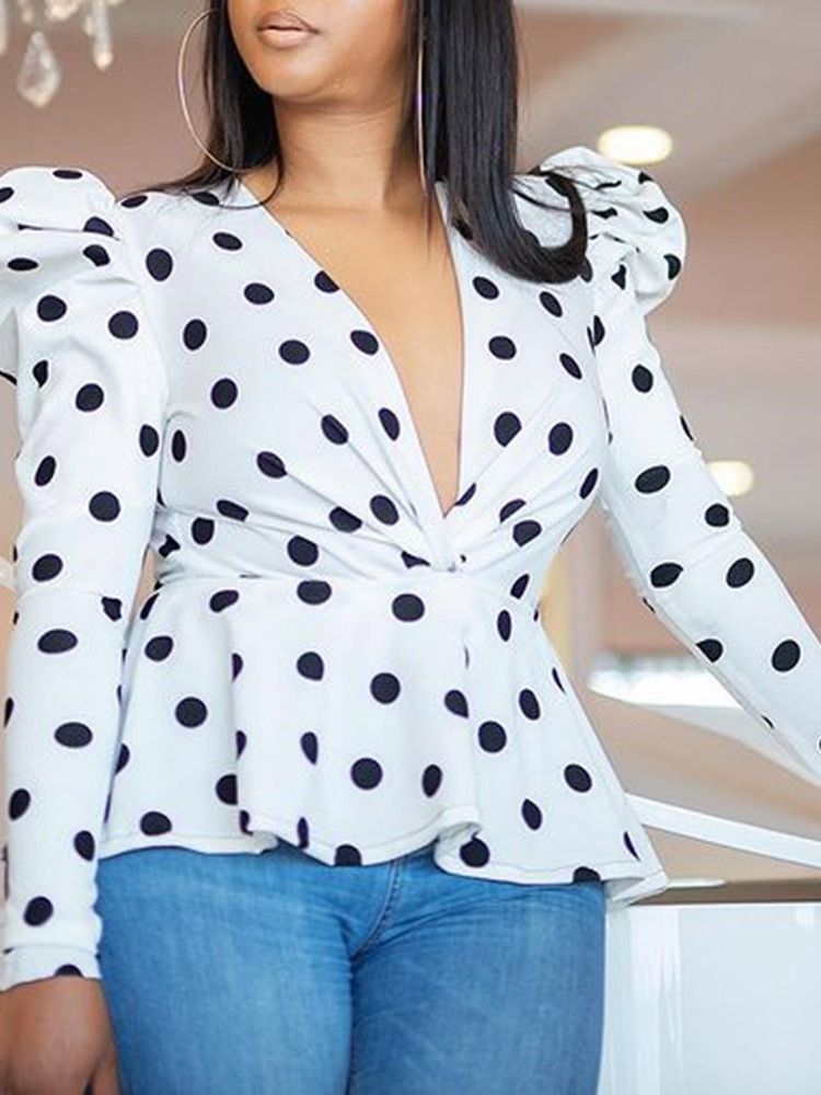 Polka Dots Print Blusa Feminina De Manga Comprida Padrão Com Estampa De Bolinhas