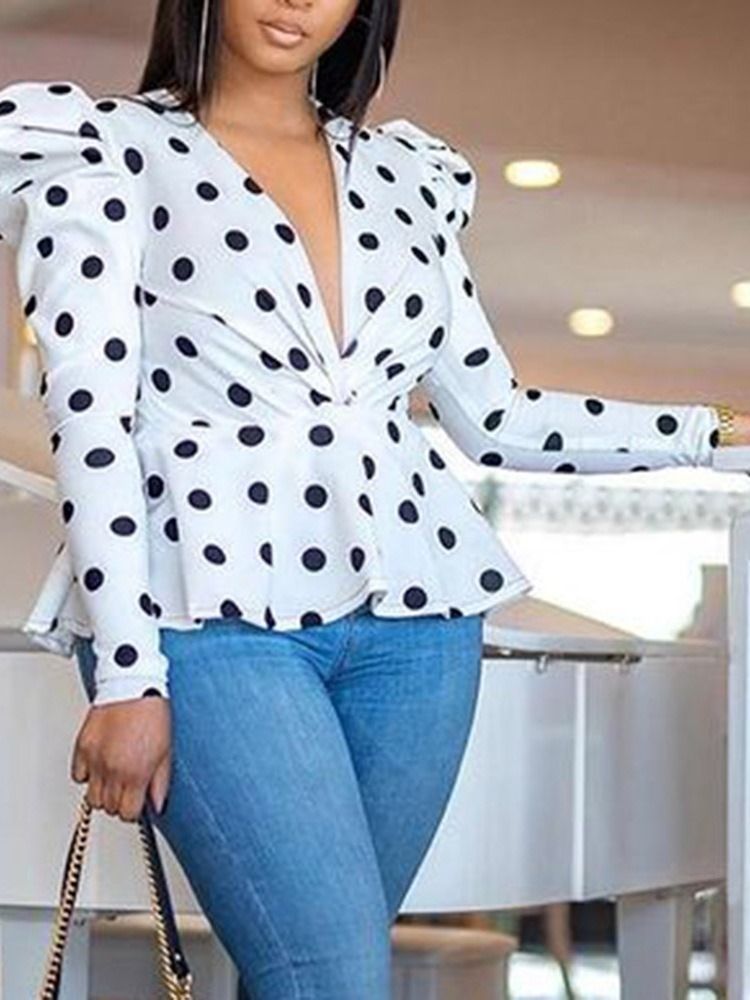 Polka Dots Print Blusa Feminina De Manga Comprida Padrão Com Estampa De Bolinhas