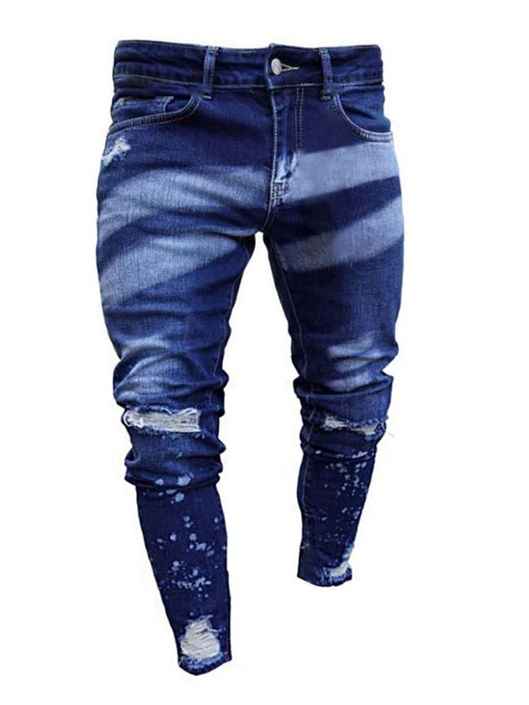 Buraco Cor Bloco Calça Lápis Zíper Moda Calça Jeans Masculina