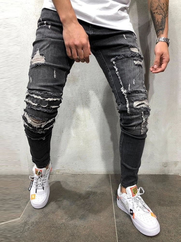 Calça Hole Pencil Calça Jeans Casual Homem De Cintura Média