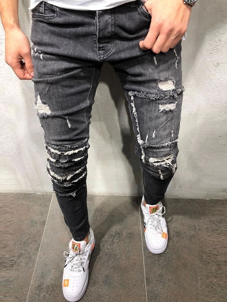 Calça Hole Pencil Calça Jeans Casual Homem De Cintura Média