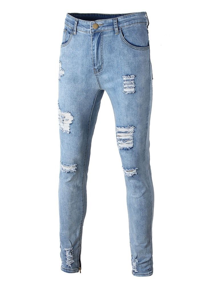 Calça Hole Pencil Liso Cintura Média Calça Jeans Casual Slim