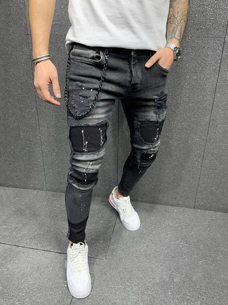 Calça Hole Pencil Zipper Cintura Média Calça Jeans Masculina