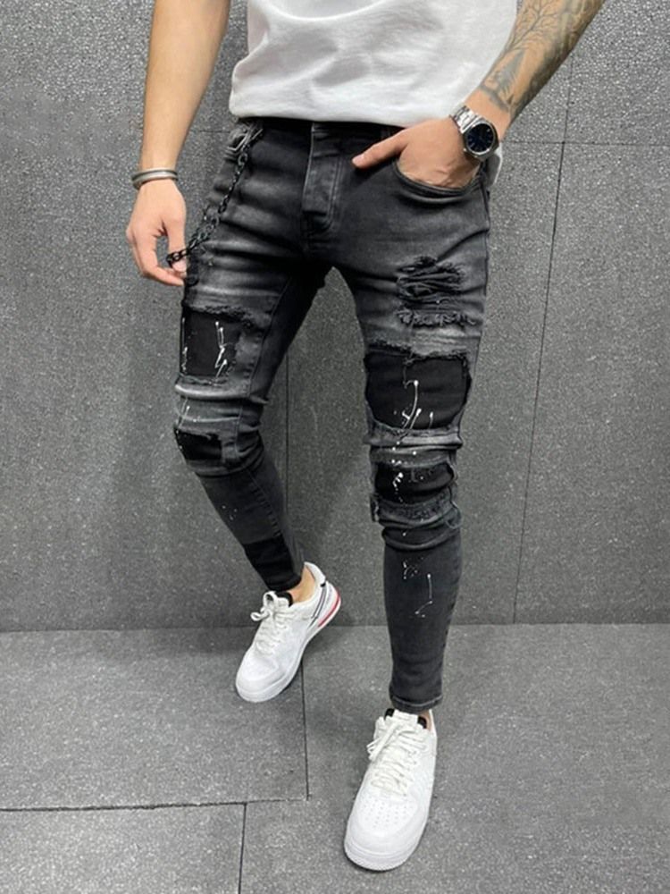 Calça Hole Pencil Zipper Cintura Média Calça Jeans Masculina