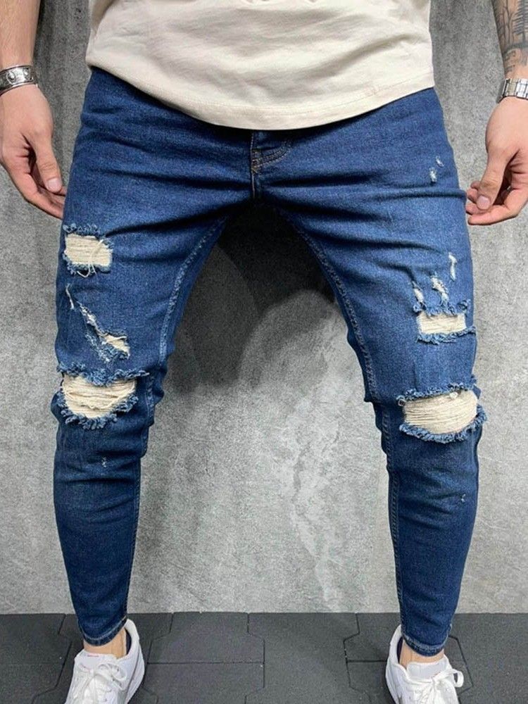 Calça Hole Pencil Zipper Calça Jeans Casual Masculina