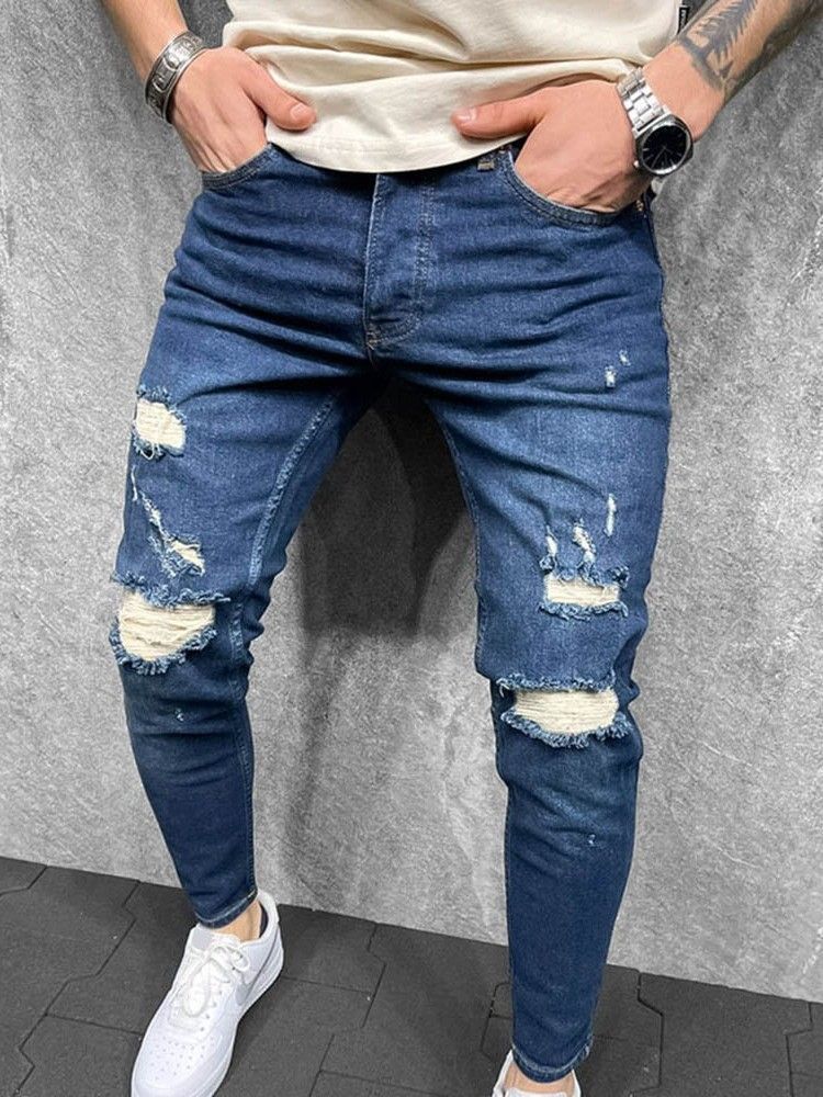 Calça Hole Pencil Zipper Calça Jeans Casual Masculina