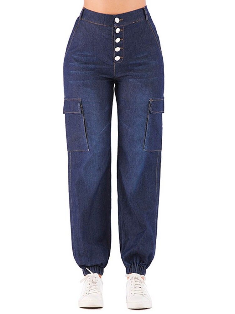 Calça Jeans De Bolso Liso Feminino Com Botão Solto