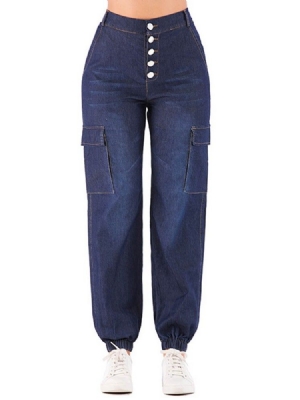 Calça Jeans De Bolso Liso Feminino Com Botão Solto