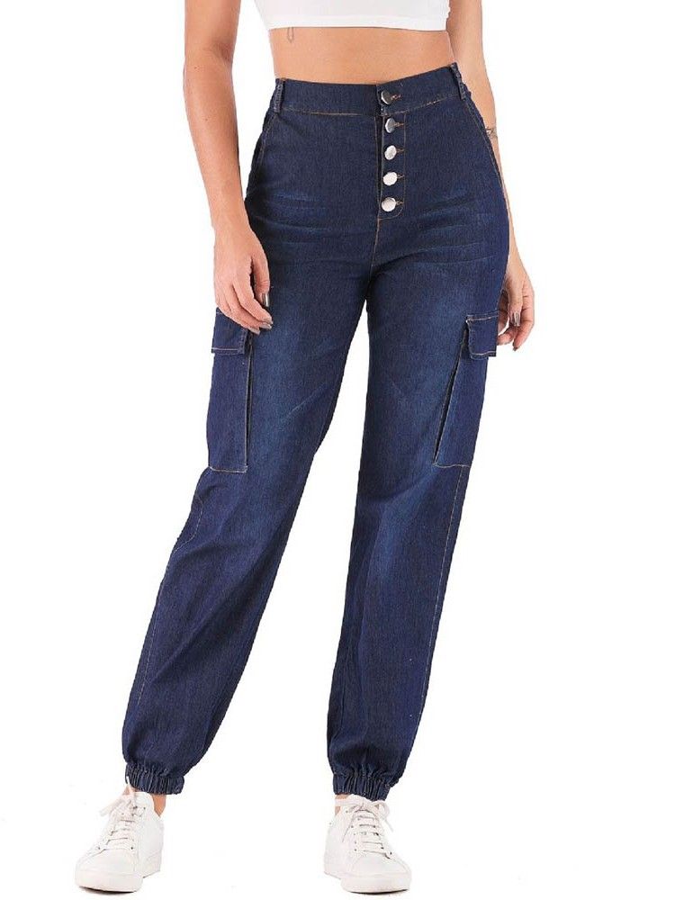 Calça Jeans De Bolso Liso Feminino Com Botão Solto