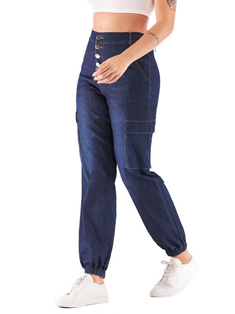 Calça Jeans De Bolso Liso Feminino Com Botão Solto