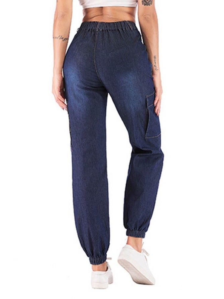 Calça Jeans De Bolso Liso Feminino Com Botão Solto