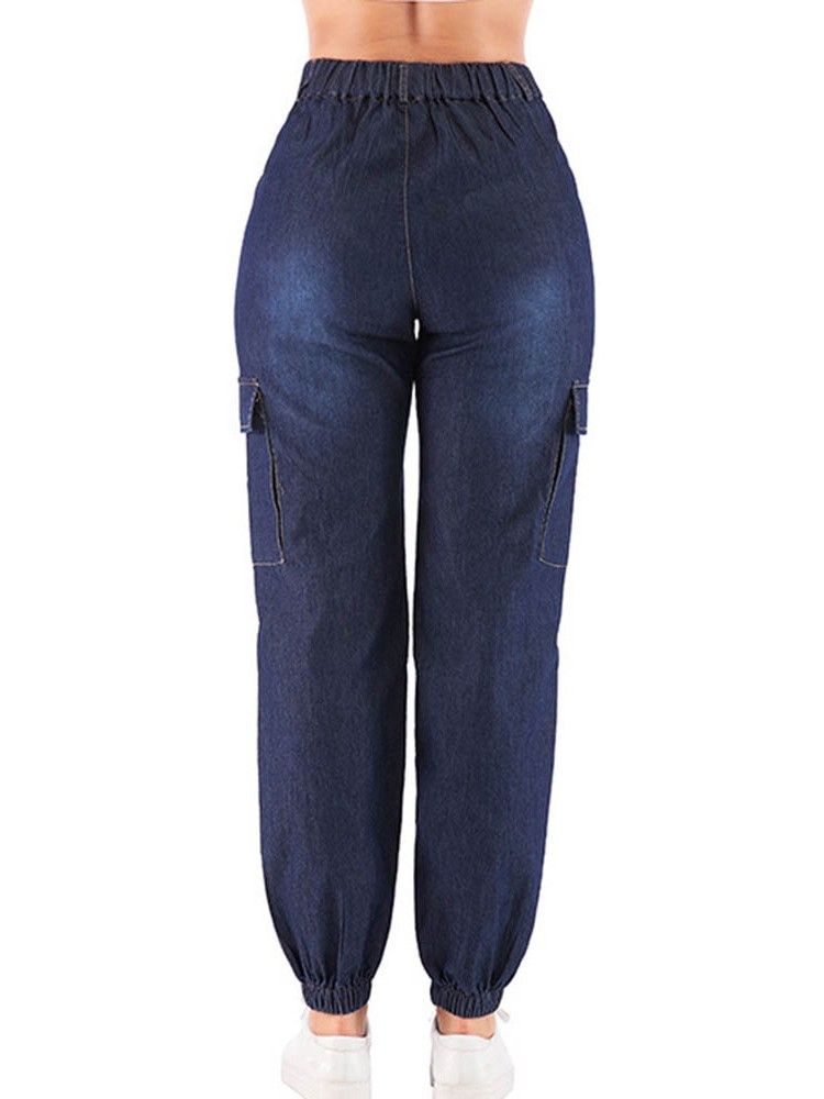 Calça Jeans De Bolso Liso Feminino Com Botão Solto