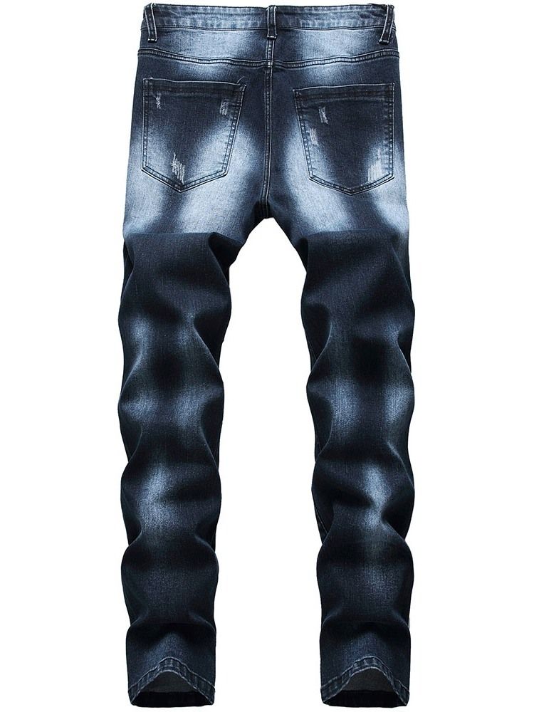 Calça Jeans Casual Homem Com Zíper Hole Straight