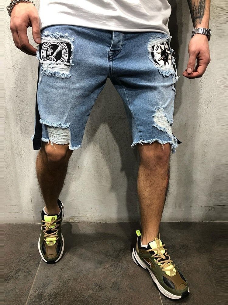 Calça Jeans Casual Masculina De Cintura Reta Com Buraco Reto