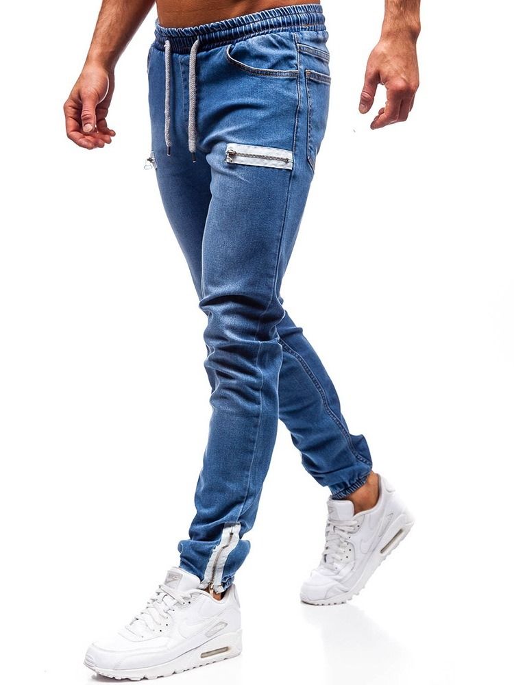 Calça Jeans Casual Masculina Com Cadarço Colorido