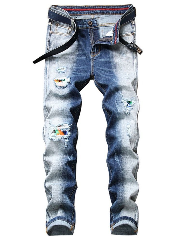 Calça Jeans Casual Masculina Com Estampa Média De Cintura