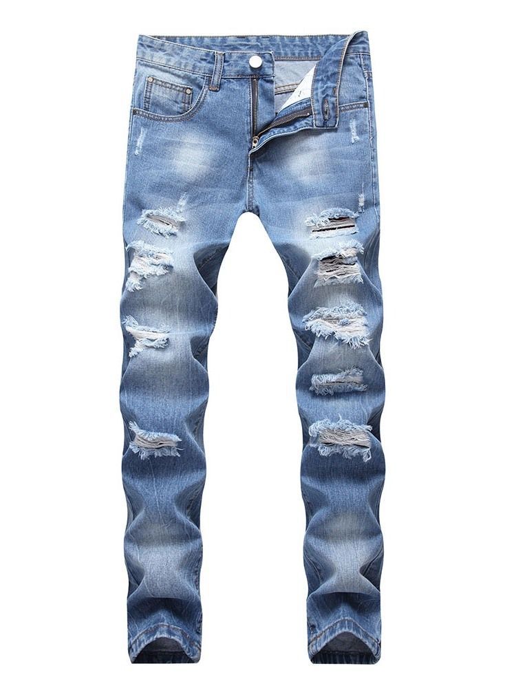 Calça Jeans Casual Masculina Com Orifício Reto Com Zíper