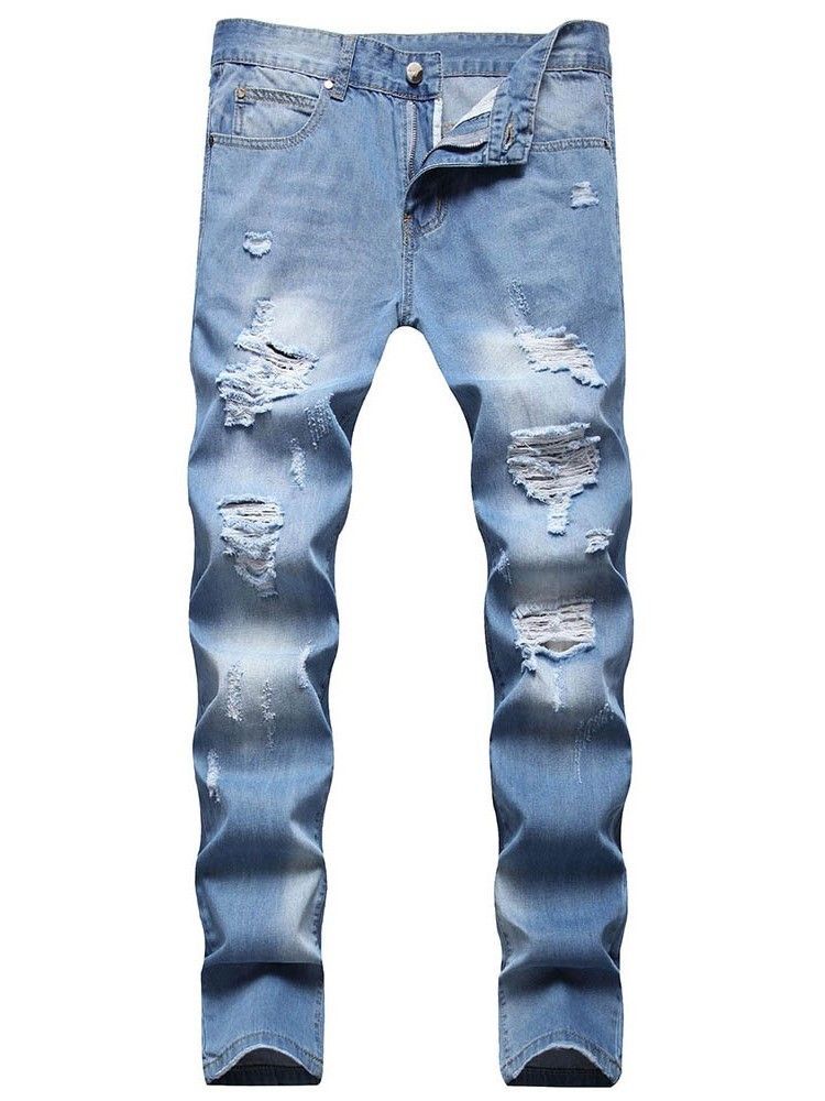 Calça Jeans Casual Masculina Com Zíper Buraco Reto