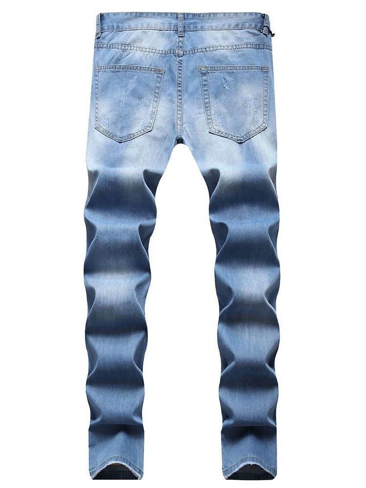 Calça Jeans Casual Masculina Com Zíper Buraco Reto