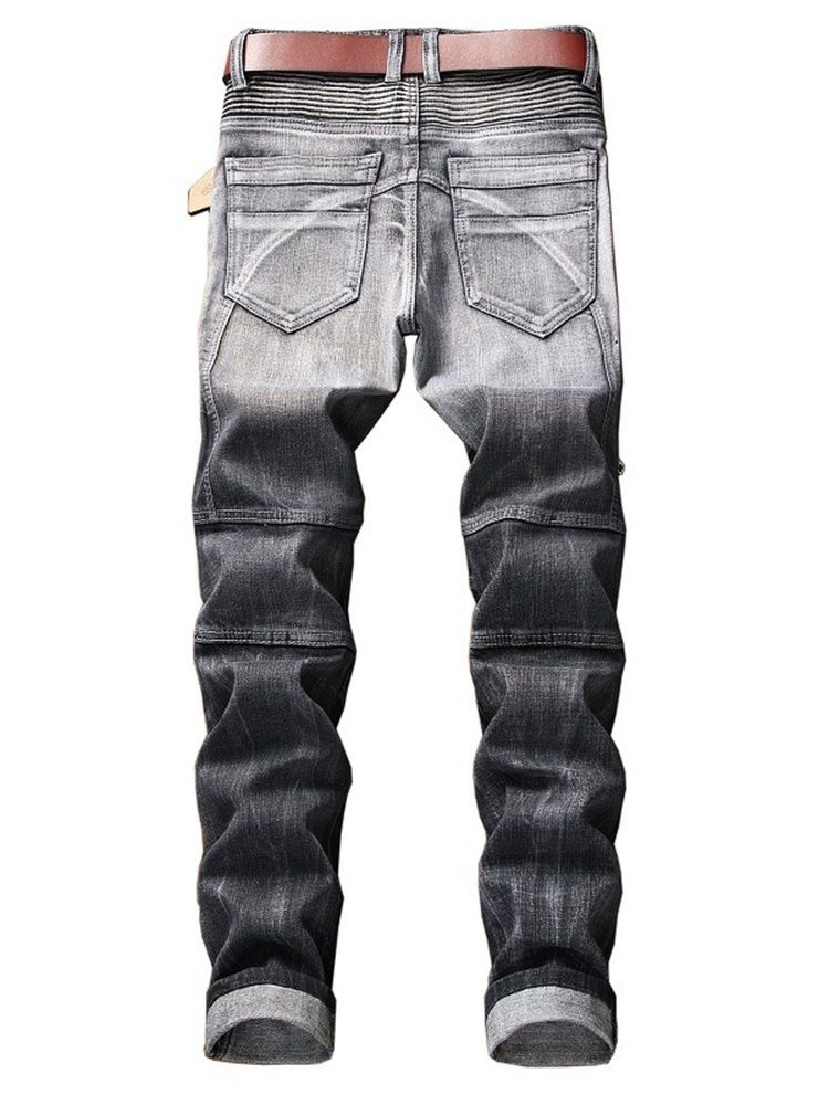 Calça Jeans Casual Masculina Com Zíper Plissado