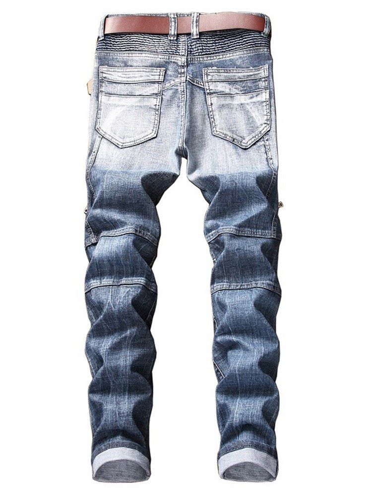 Calça Jeans Casual Masculina Com Zíper Plissado