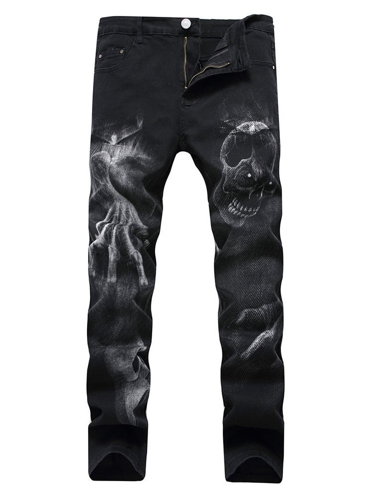 Calça Jeans Casual Masculina Estampada A Lápis De Crânio