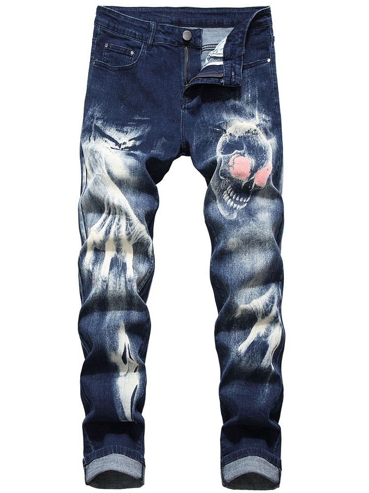 Calça Jeans Casual Masculina Estampada A Lápis De Crânio