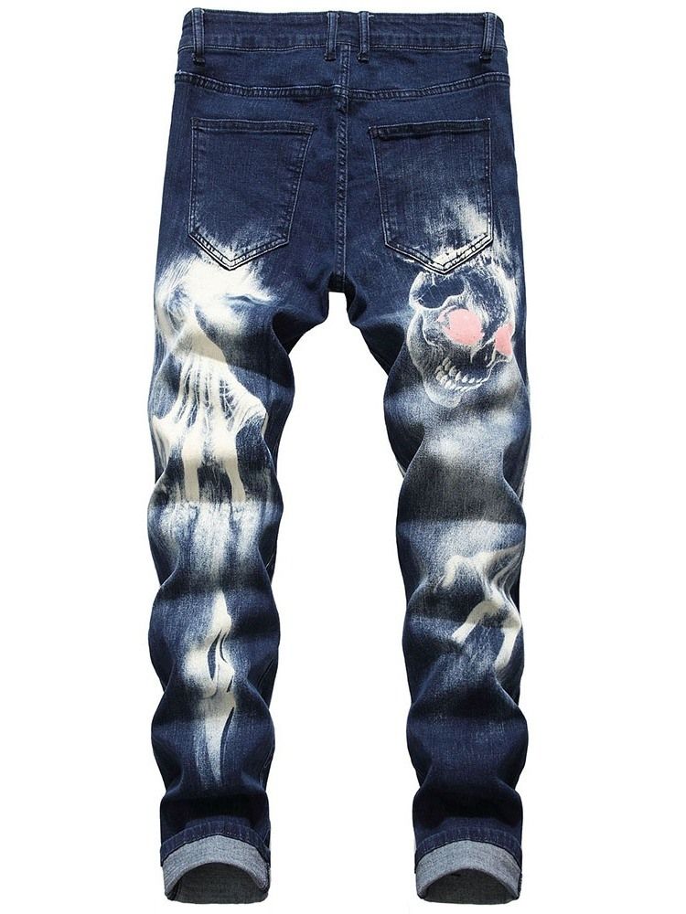 Calça Jeans Casual Masculina Estampada A Lápis De Crânio