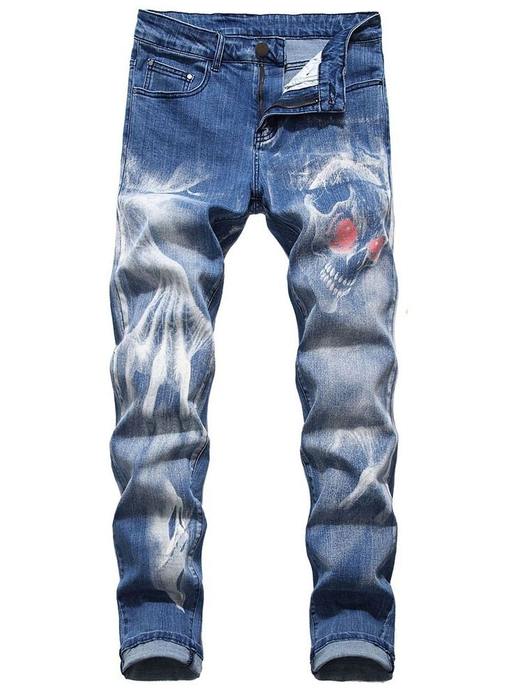 Calça Jeans Casual Masculina Estampada A Lápis De Crânio